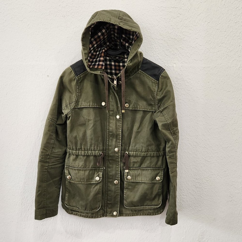 TopShop Jacket Womens XS Utility Military Green Canvas Leather Hooded Pockets